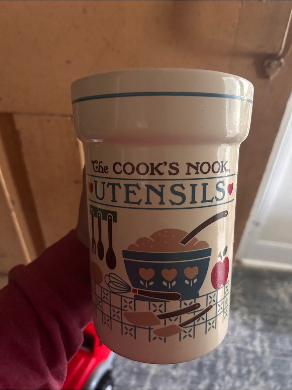 Utensils Ceramic Jar - Cream with Blue and Red Accents